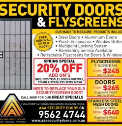 20% off On Upgrade Items of New Door Order at AAA Security Doors Clayton South Security Screens Grilles &amp; Doors